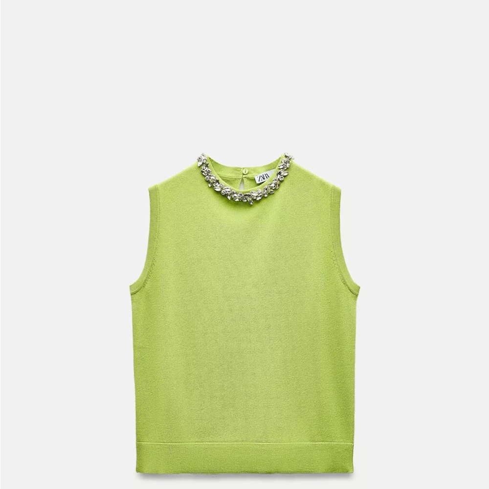 Zara Bright Green Sleeveless Top with Jewel Collar